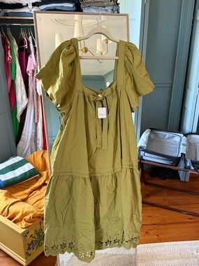 Free People Olive Green Puff-Sleeve Tiered Cotton Dress